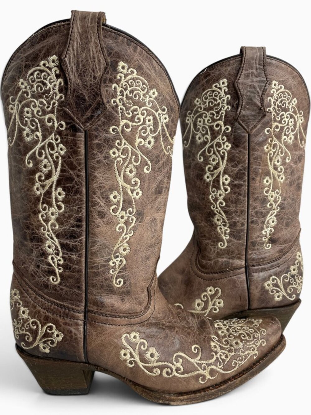 Corral Western Leather Boots Teens Snip Toe Brown Cowgirl Cowboy Girls Youth 3.5